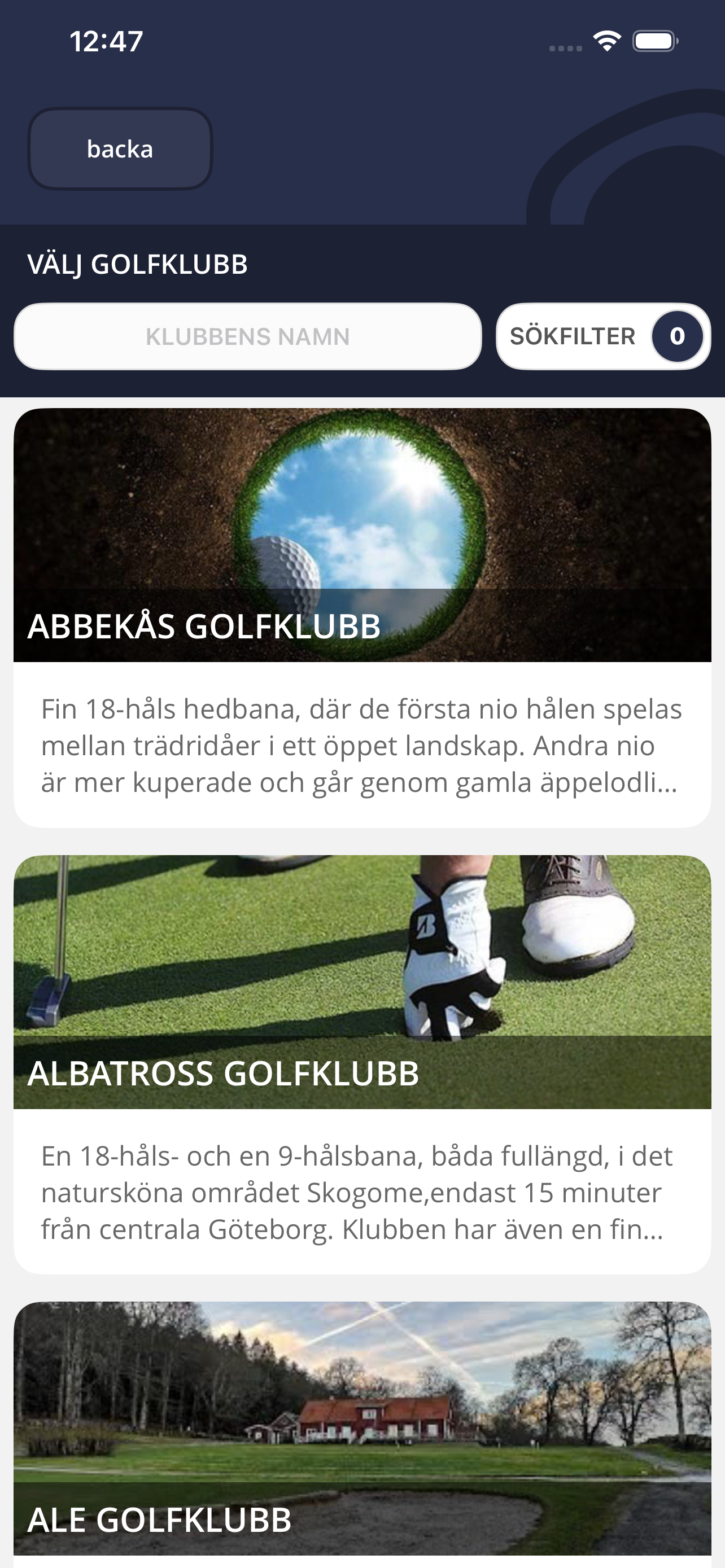 Hitta och välj golfklubb